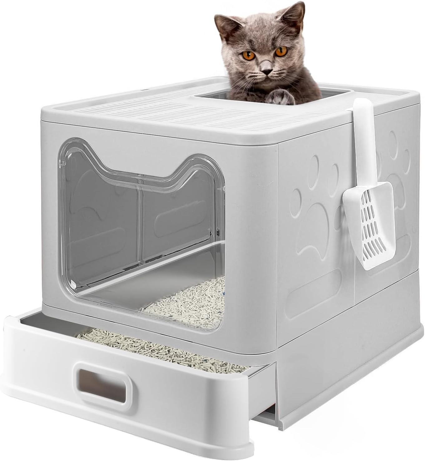Stainless Steel Litter Box with Lid, Front Entry Top Exit Kitty Litter Box, Large Enclosed Metal Litter Box with Litter Scoop, Anti-Leakage, Non-Sticky, Easy Cleaning Cover Litter Box