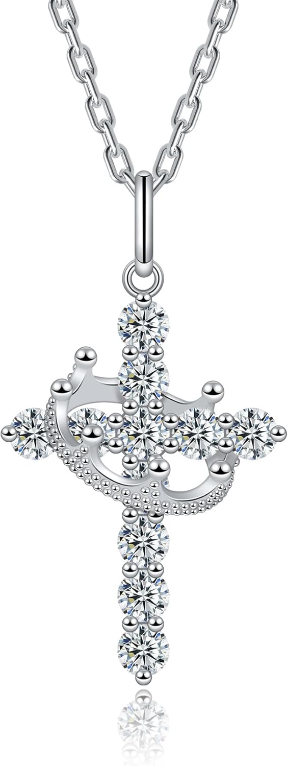 Moissanite Cross Necklace with Crown for Women Sterling Silver Pendant Christian Faith Chain Jewelry Gifts