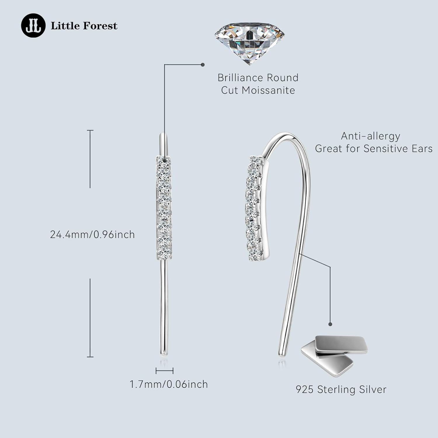 Moissanite Hoop Earrings for Women, S925 Sterling Silver Pull Through Thread Earring Hypoallergenic Small Open Huggie Earrings with Jewelry Box Packed