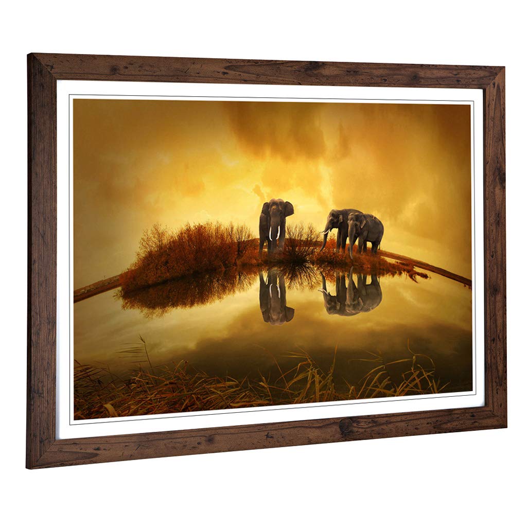 Big Box Art Framed Print of Elephants Sunset Design | Wall Art Picture | Home Decor for Kitchen, Living, Dining Room, Lounge, Bedroom, Hallway, Office, Walnut, A2 / 24.5x18 Inch / 62x45cm