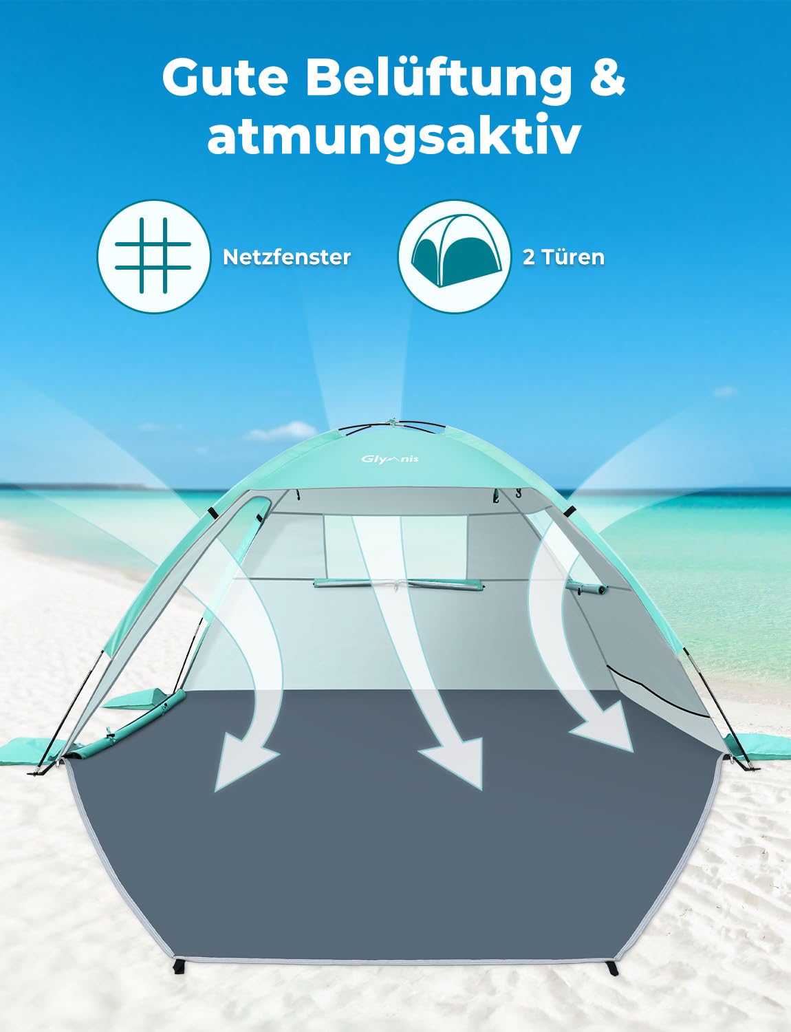 Glymnis Strandmuschel Strandzelt Strand Zelt mit 2 Reißverschlusstür UV-Schutz UPF50+ Windschutz kleines Packmaß Strandzelt für 2-3 Personen