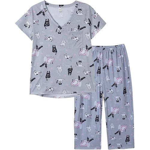 YIJIU Women's Short Sleeve Tops and Capri Pants Cute Cartoon Print Pajama Sets