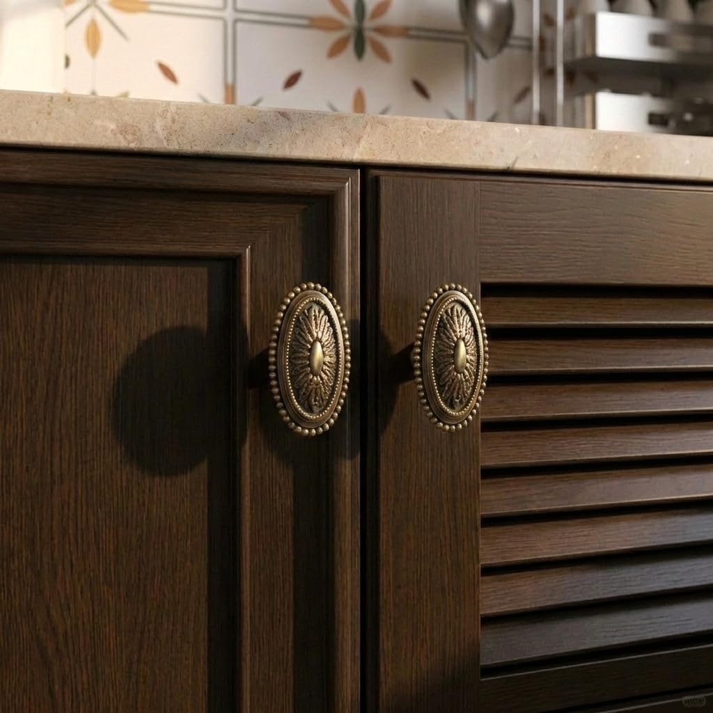 Antique Brass Cabinet Knobs 6PCS, Floral Carved Vintage Drawer Knobs, Elegant Decorative Dresser Hardware for Kitchen Nightstands Vanity Old Furniture Refinishing