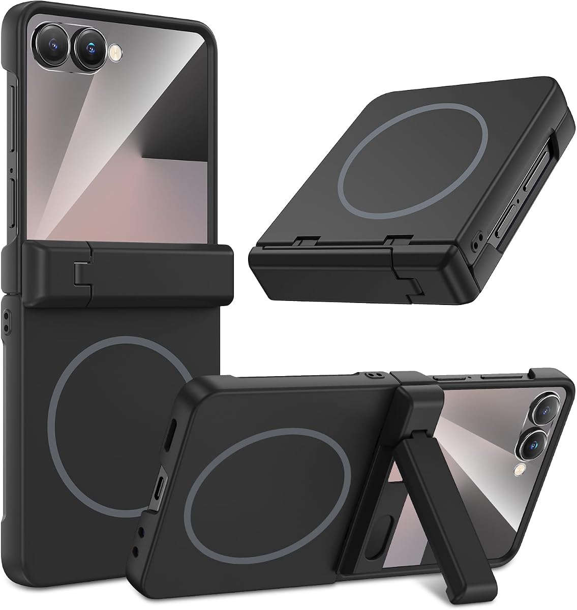 für Galaxy Z Flip 7 Hülle, [Kompatibel mit MagSafe] Scharnierschutz & Versteckbare Klappstütze & Integrierter Displayschutz, Wireless Charging Kompatibel Handyhülle Stoßfest Case, Schwarz