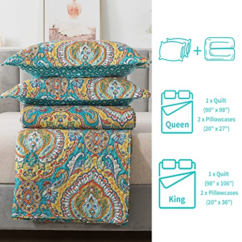 Bedifany King Quilt Set - Boho Quilts King Size Bedspreads, Lightweight Quilts King Size Bohemian Floral Bedding Set For All Seasons, 3 Pieces (Blue/Teal) #TOP4