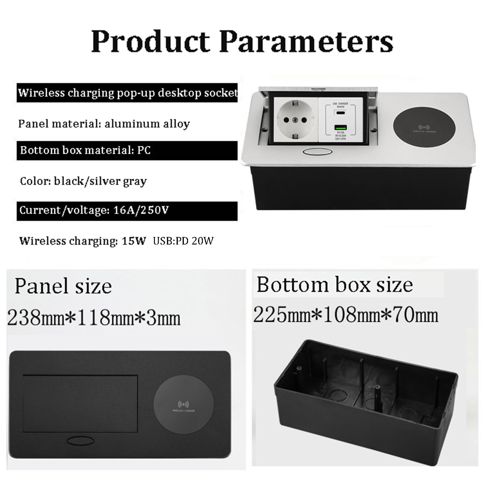 Presa Elettrica Da Scrivania Incassata, Presa Pop-Up Con Caricabatterie Rapido Wireless Da 15 W, PD 20 W Usb (A+C), Presa Incorporata Per Piani Di Lavoro Per Ufficio,Casa,Scrivania,Black-EU-plug
