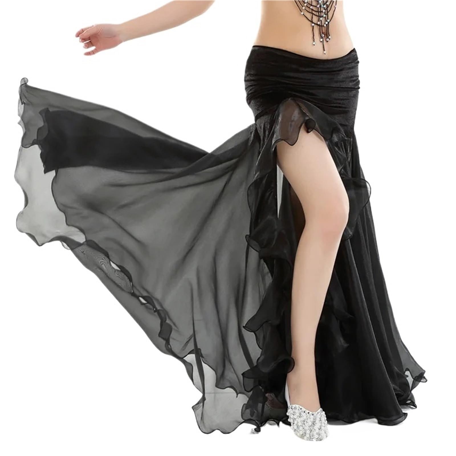 TRRYUIP Belly Dance Skirt Women Belly Dance Performance Skirt Split Long Chiffon Low Waist Swing Wear Carnival Party Dancing Clothing(Black)