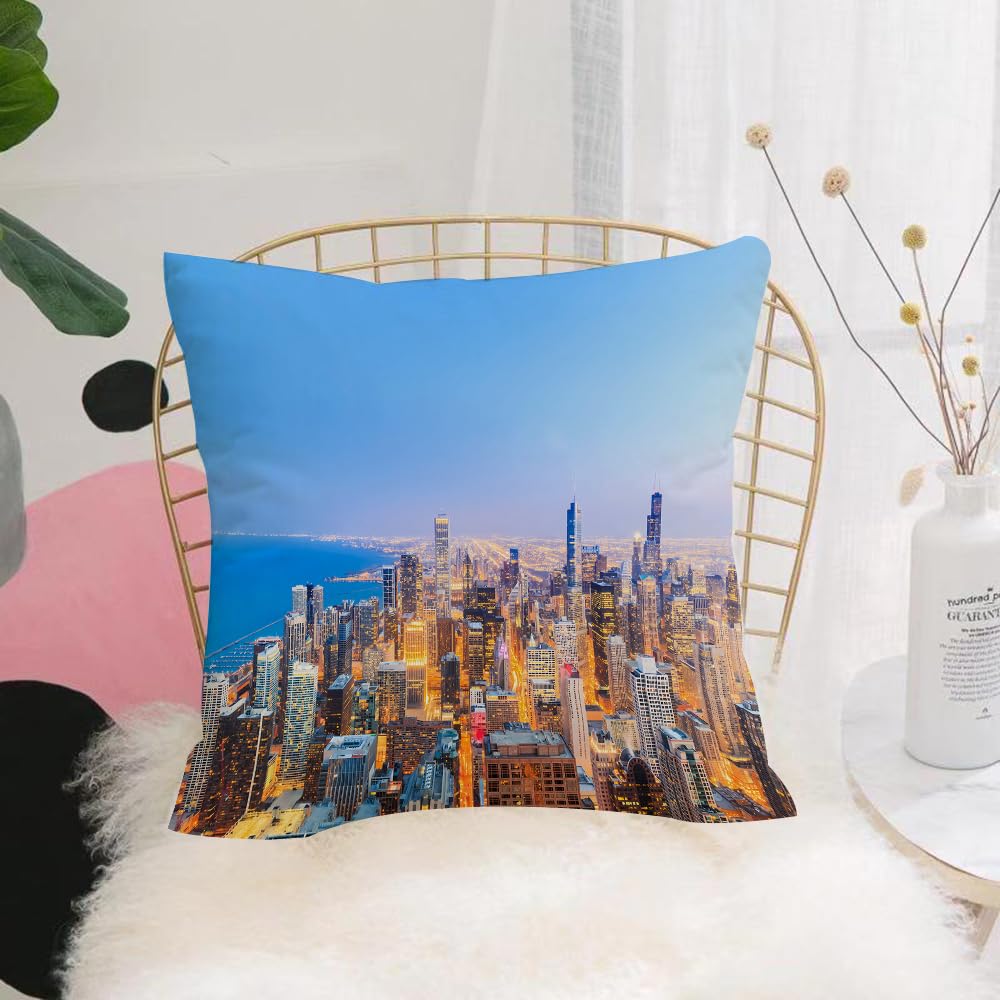 HYOSXW Cushion Cover,Throw Pillow Case Home Decorative for Living Room Bedroom Sofa Chair 16X16 Inch,Chicago Skyline,Aerial View of Town with Michigan Lake Vibrant City Panorama Ev,Pillowcase 40X40cm