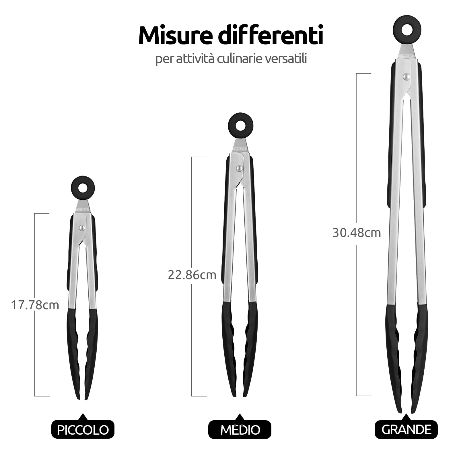 U-Taste Set di 3 Pinze Cucina, Pinze da Cucina in Acciaio Inossidabile 18cm, 23cm e 30cm con Spazzole in Silicone Antiaderente e Resistente al Calore 250°C per Uso Alimentare.(Nero)