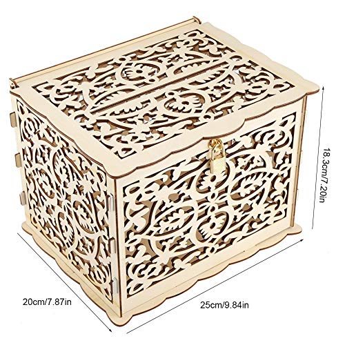 Segutage Wedding Card Box with Lock, Vintage Style Wooden Gift Boxes, Large Rustic Envelope Box with Keys for Cards and Money Reception DIY Birthday Party Wedding Decor (flower) - Thumbnail 3
