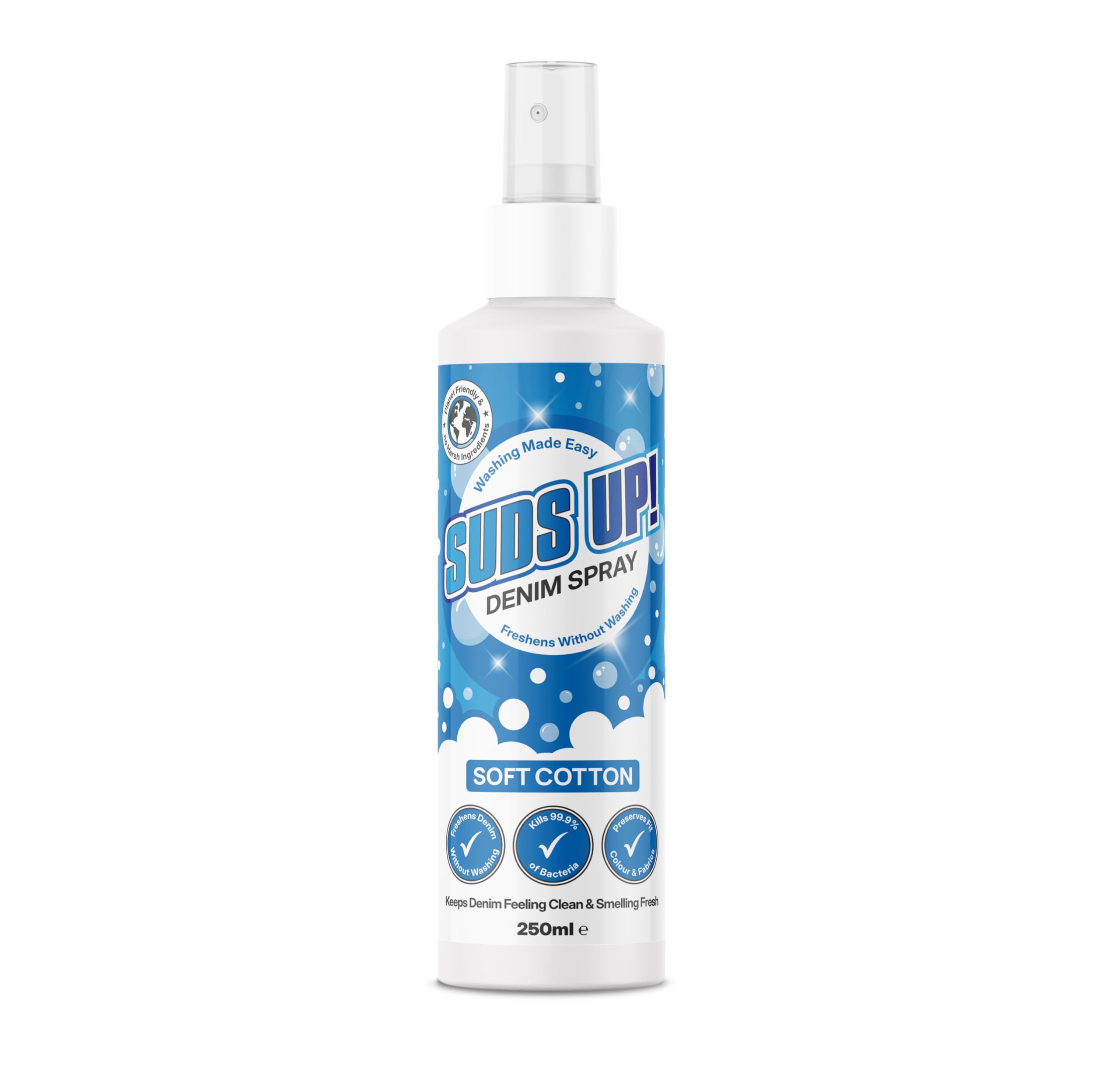 Suds Up! – Denim Spray 250ml Soft Cotton – Kills 99.9% Of Bacteria – Freshen & Soften Jeans Without Washing – Ideal for Jackets, Denim & Dark Wash Garments