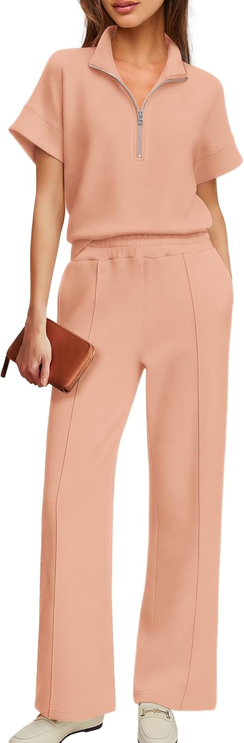 Nirovien Womens Lounge Sets 2 Piece Outfits Travel Matching Sweat Sets Sweatsuit Half Zip Sweatshirt Wide Leg Pants