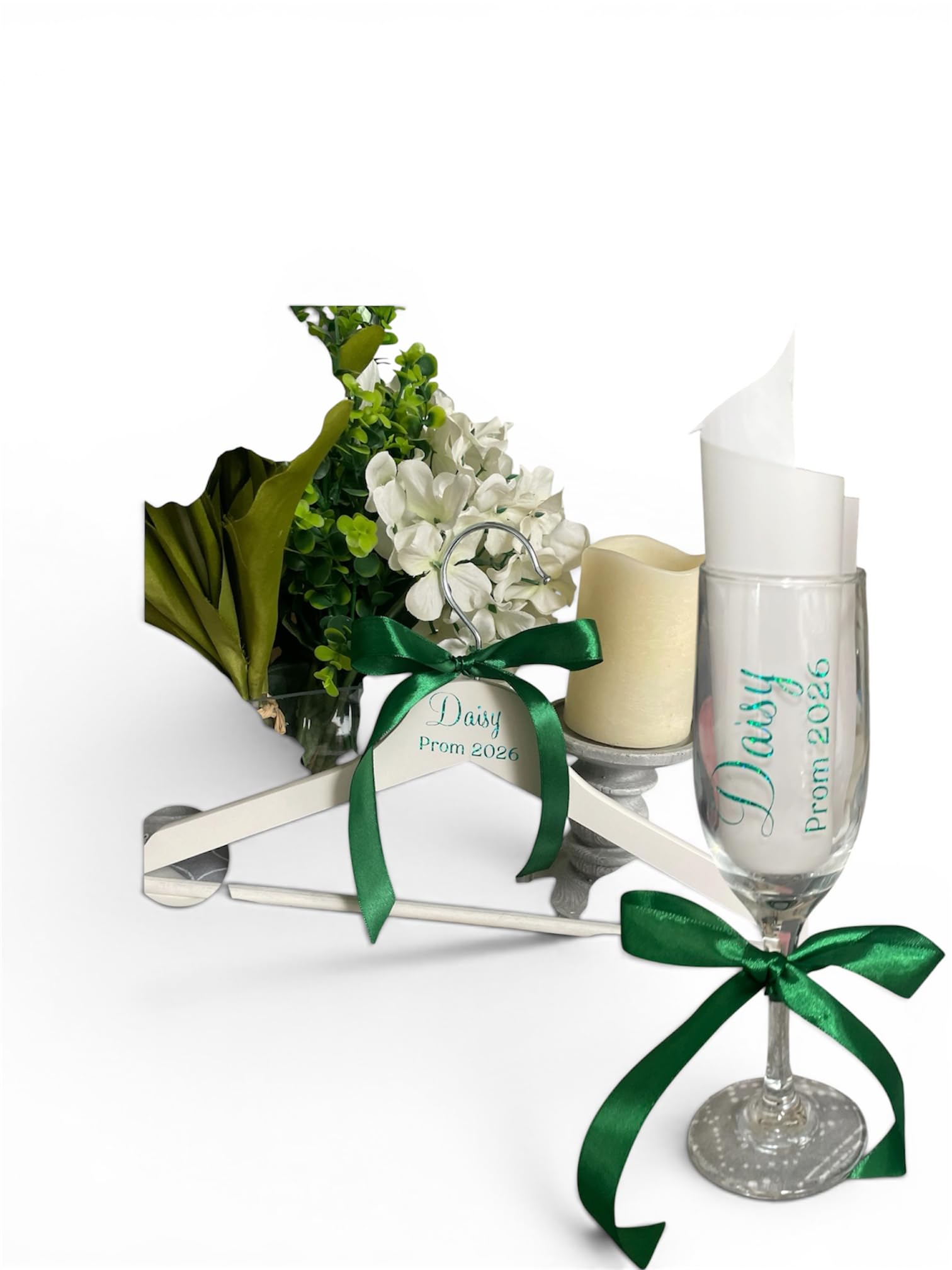 Personalised Prom Glass and Matching Hanger Set, Green Glitter, Champagne Flute with Satin Bow