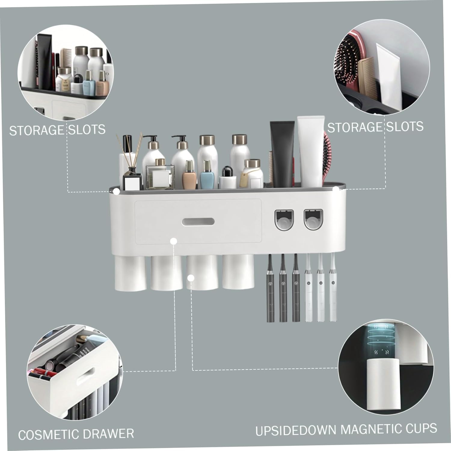 Toothbrush Holder Wall Mounted, Automatic Toothpaste Dispenser with 4 Magnetic Cups, 6 Brush Slots, Storage Tray & Drawer for Bathroom Organization, Homeused