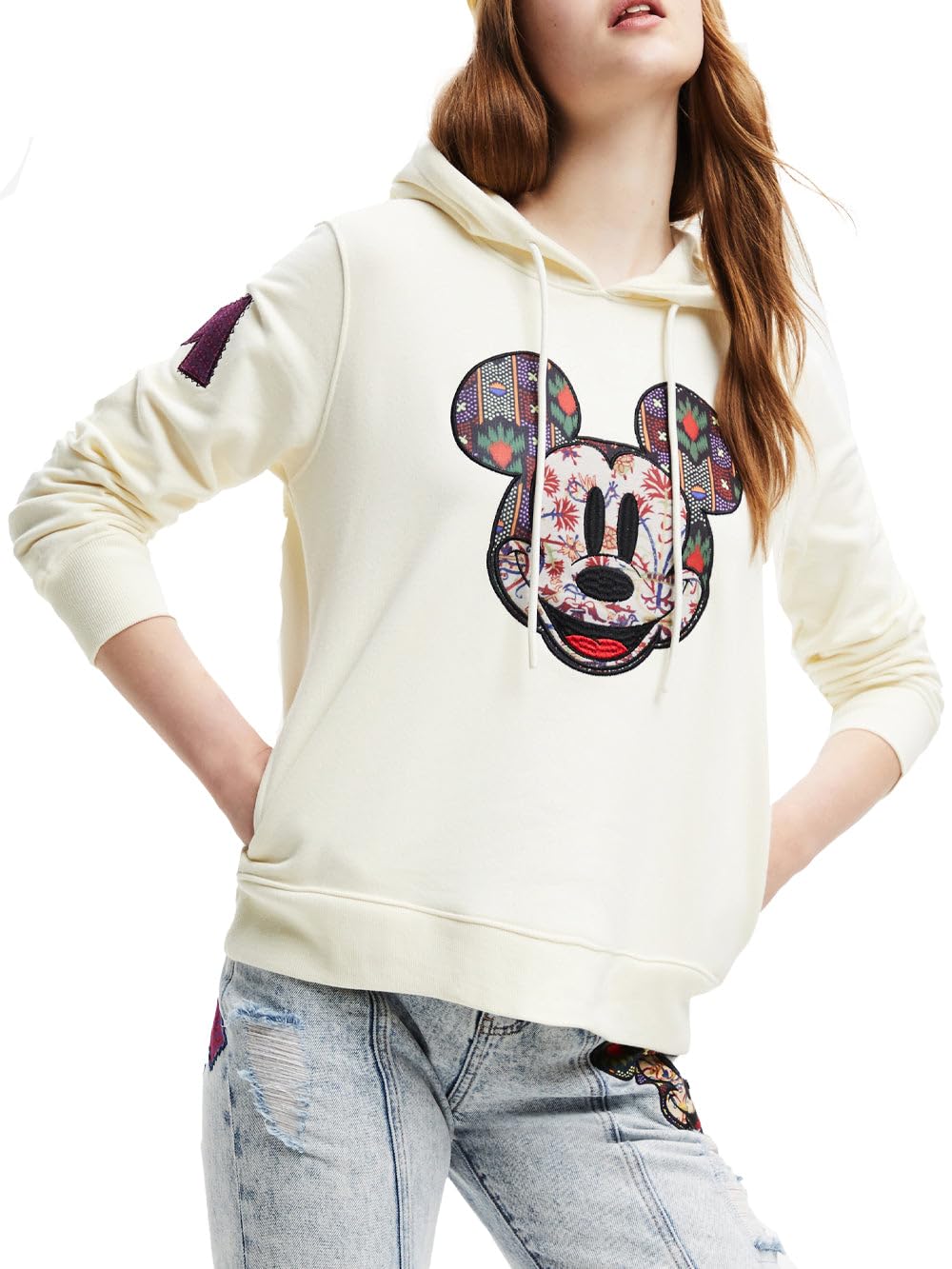 Desigual Women's Mickey1001 Sweat_face Patch Mickey 1001 Raw Sweater, White, X-Small