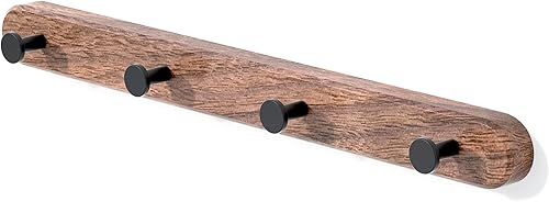 Miniatura 7 de Perchero de madera de nogal de 17 pulgadas con 4 ganchos dobles negros, ganchos de entrada montados con adhesivo, modernas clavijas de madera