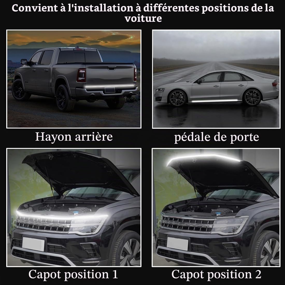 Car Bande Lumineuse LED pour Capot,Bande Lumineuse de démarrage à Balayage Dynamique,Feux de Jour LED avec Clignotants Blancs et Jaunes,adaptés aux Automobiles (70 Pouces/12V)