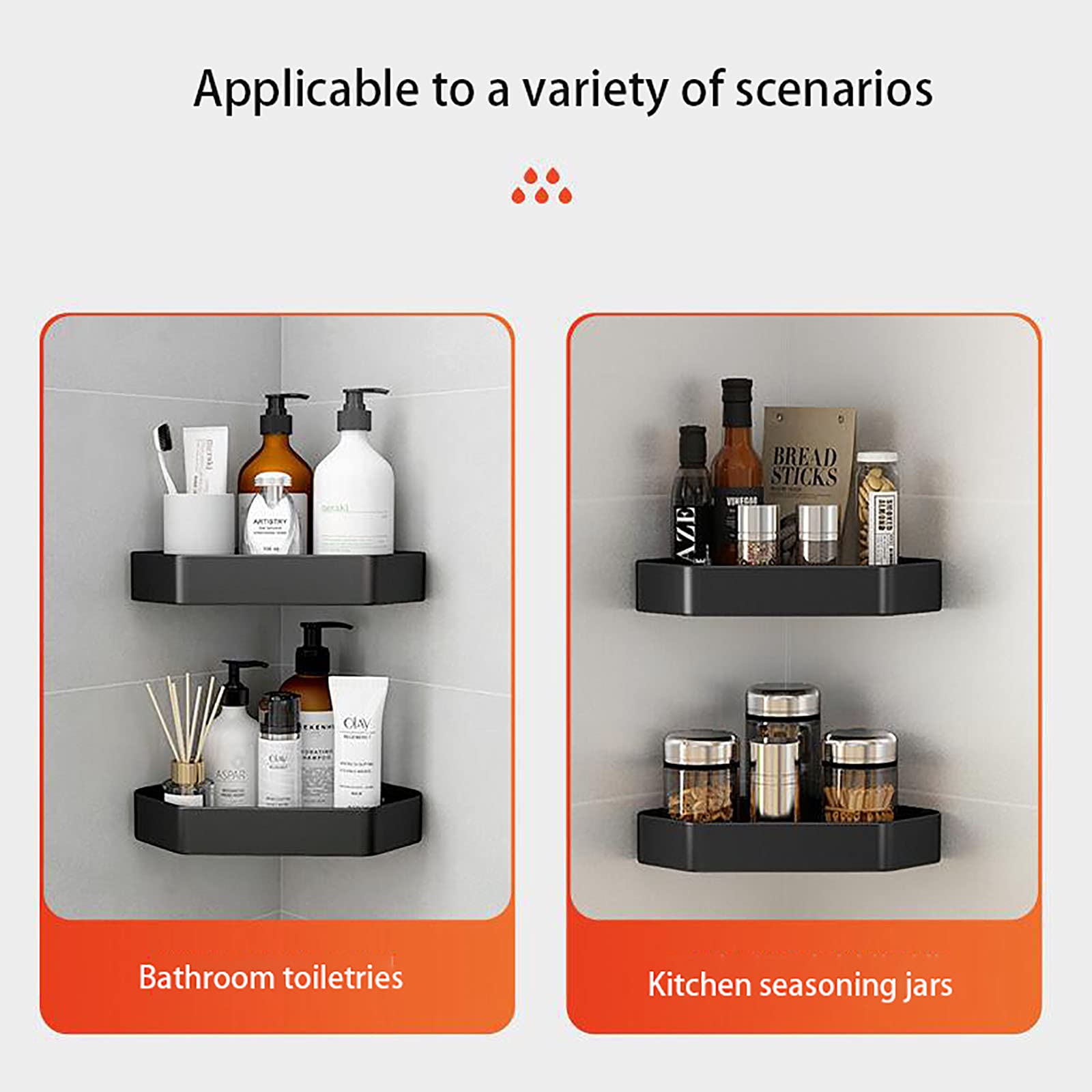 Exquisitos estantes de baño, organizador de ducha de esquina de baño, adhesivo montado en la pared, estantería de ducha de aluminio para cocina, baño, 1 unidad