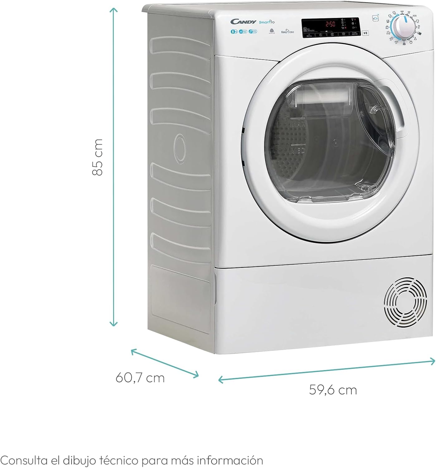 Diagram showing the dimensions of the Candy Smart Pro dryer