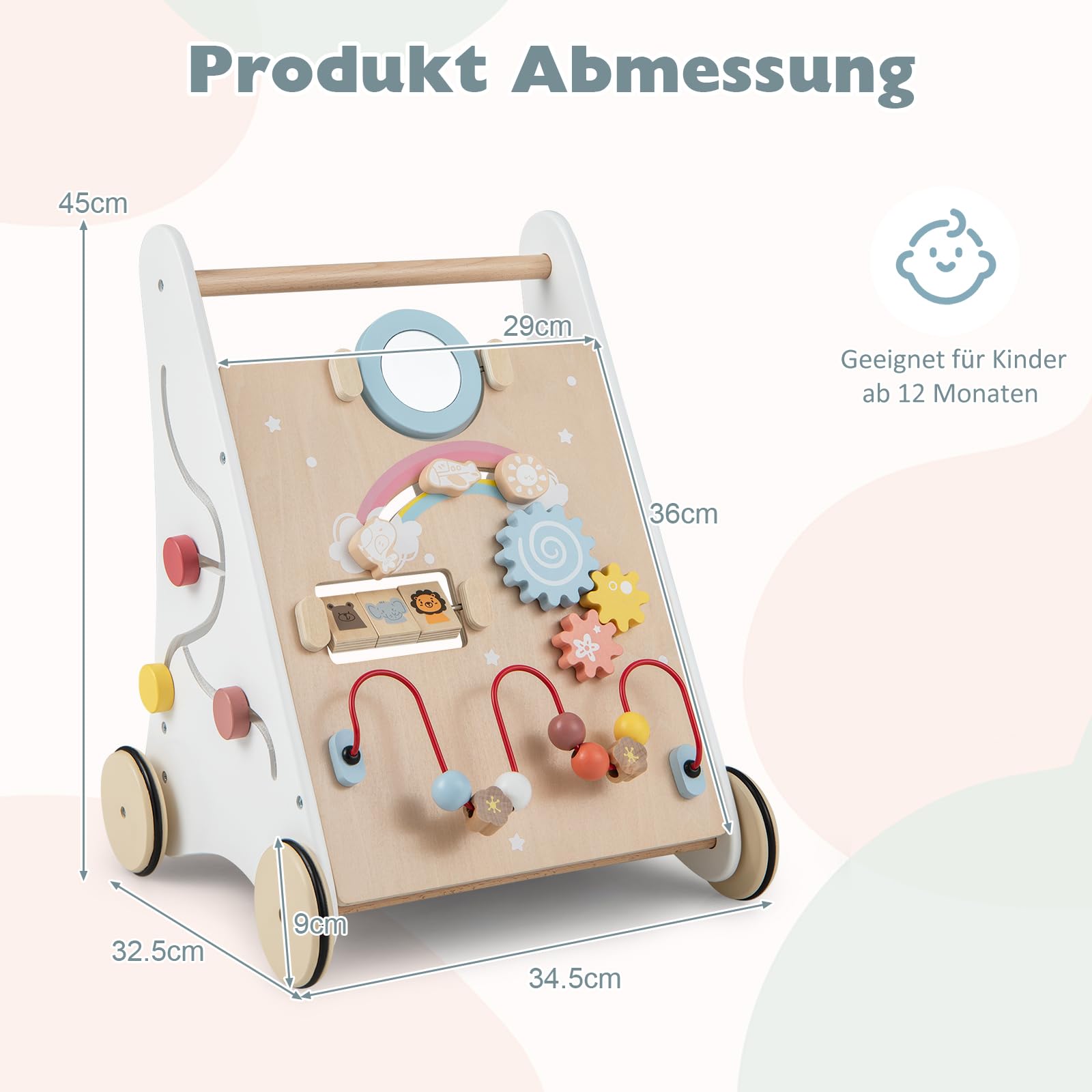 DREAMADE Lauflernwagen Holz, Lauflernhilfe ab 1 Jahr, Baby Gehhilfe mit Spiegel & Spielzeug, Gehfrei Baby Holzspielzeug für Jungen & Mädchen (Modell 1-Weiß)