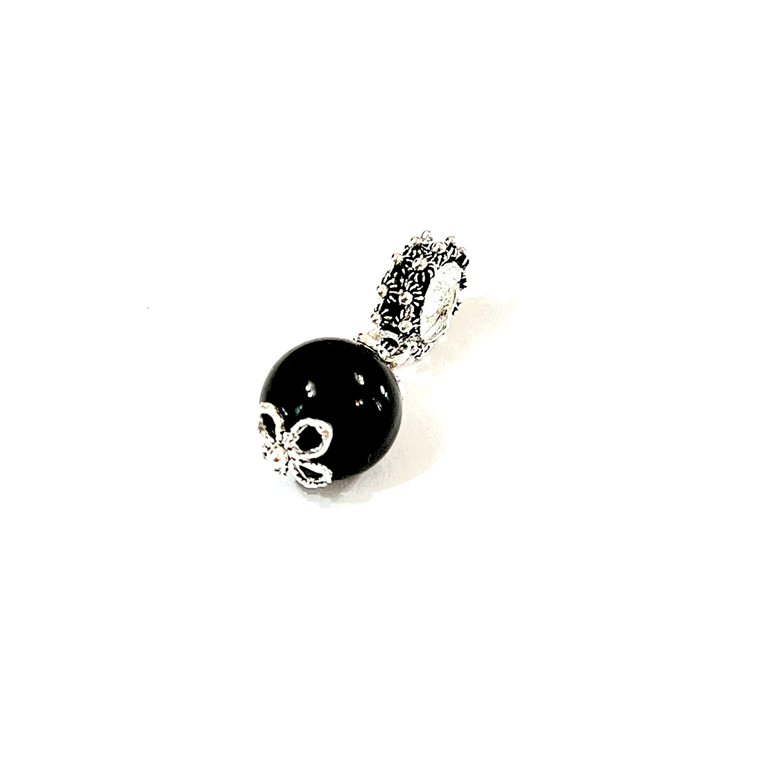 Charm/Ciondolo Su Coccu, Sfera in ONICE Nero da 8 mm, Argento brunito, Filigrana Sarda, AMULETO PORTAFORTUNA
