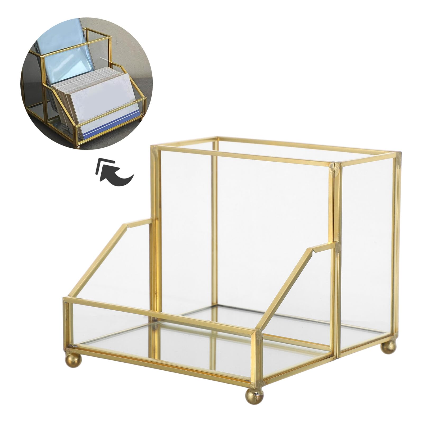Porta Biglietti da Visita in Vetro con Bordo Oro per Scrivania | Design Elegante con Struttura in Ferro, Uso su Tavolo, Aspetto Curato per Riunioni e Ufficio