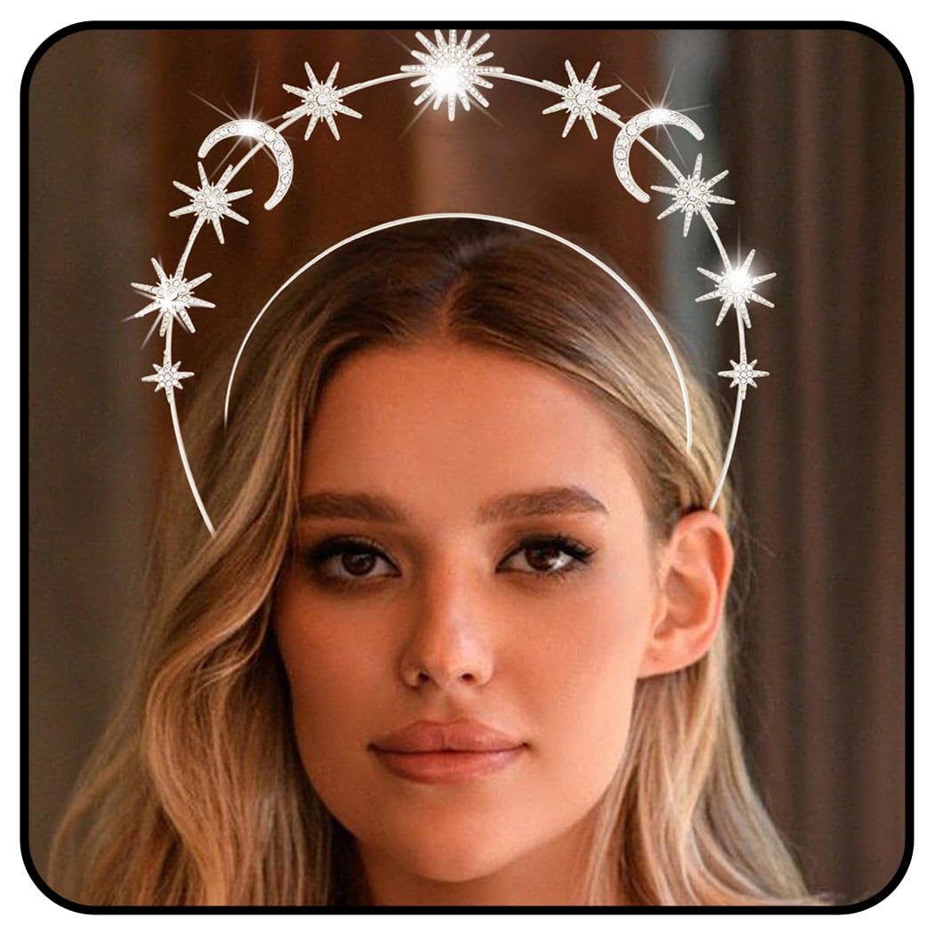 Zoestar Halo Crown Headband Star Crystal Hair Band Sparkly Rhinestone Headpiece Goddess Wedding Hair Tiara Party Costume Hair Accessories for Women,1 Pcs (Silver 2)