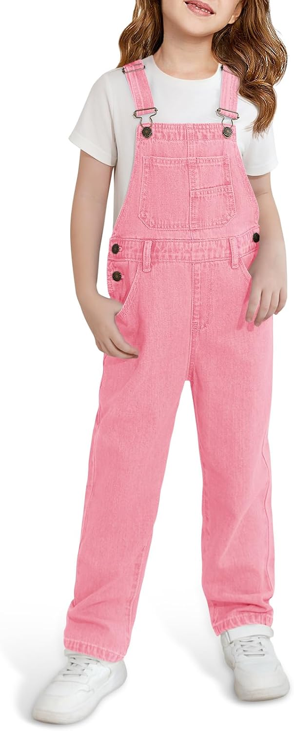 Haloumoning Girls Denim Overalls Kids Sleeveless Jumpsuits Rompers Crisscross Bib Overall with Pockets 5-14 Years