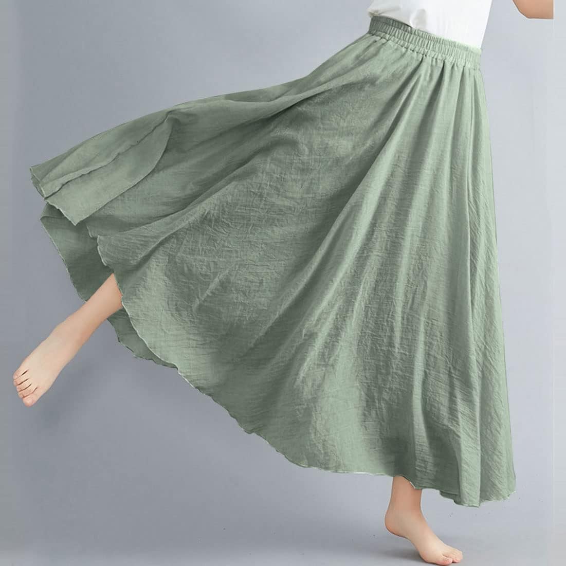 ASHER FASHION Women's Bohemian Style Elastic Waist Band Cotton Linen Long Maxi Skirt Dress - Image 3