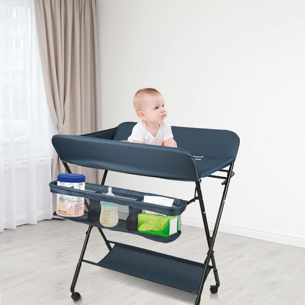 Homewell - Mesa cambiador plegable con ruedas, mesa de pañales portátil con altura ajustable con estantes de almacenamiento para recién nacidos (azul oscuro)