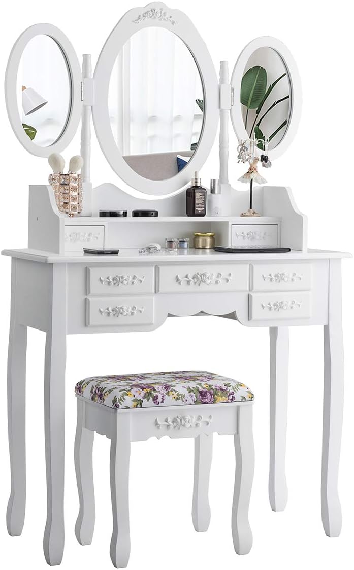 CHARMAID Vanity Set with Tri-Folding Mirror and Cushioned Stool, Dressing Table with 7 Drawers and a Shelf, Antique Makeup Table with Removable Top, Vintage Makeup Vanity Set for Women Girls (White)
