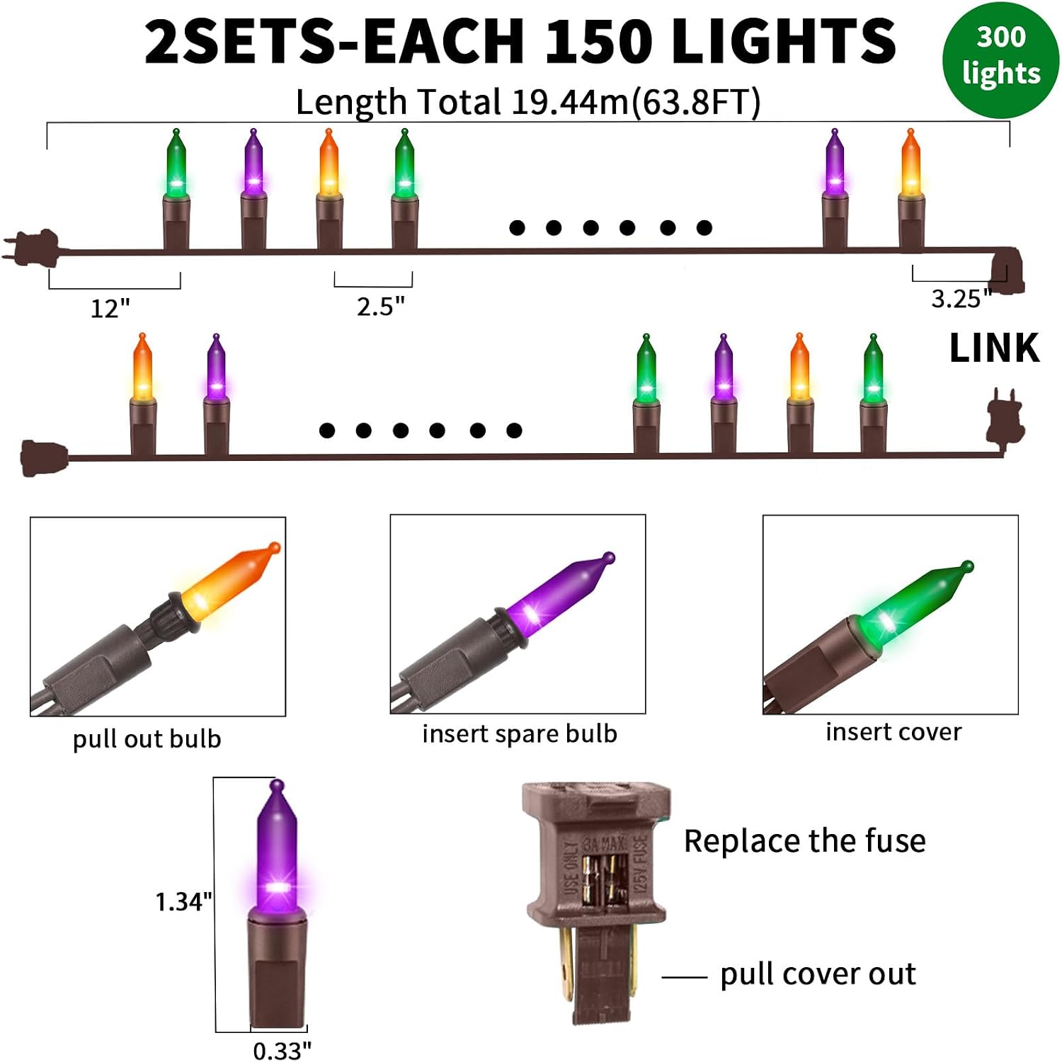 Ultra-Bright Connects End to End Orange Purple and Green Christmas Mini Lights 300L 63.8Ft(2Sets-Each 150L)UL Listed Incandescent Bulb String Light for Indoor Outdoor Halloween Tree Decor