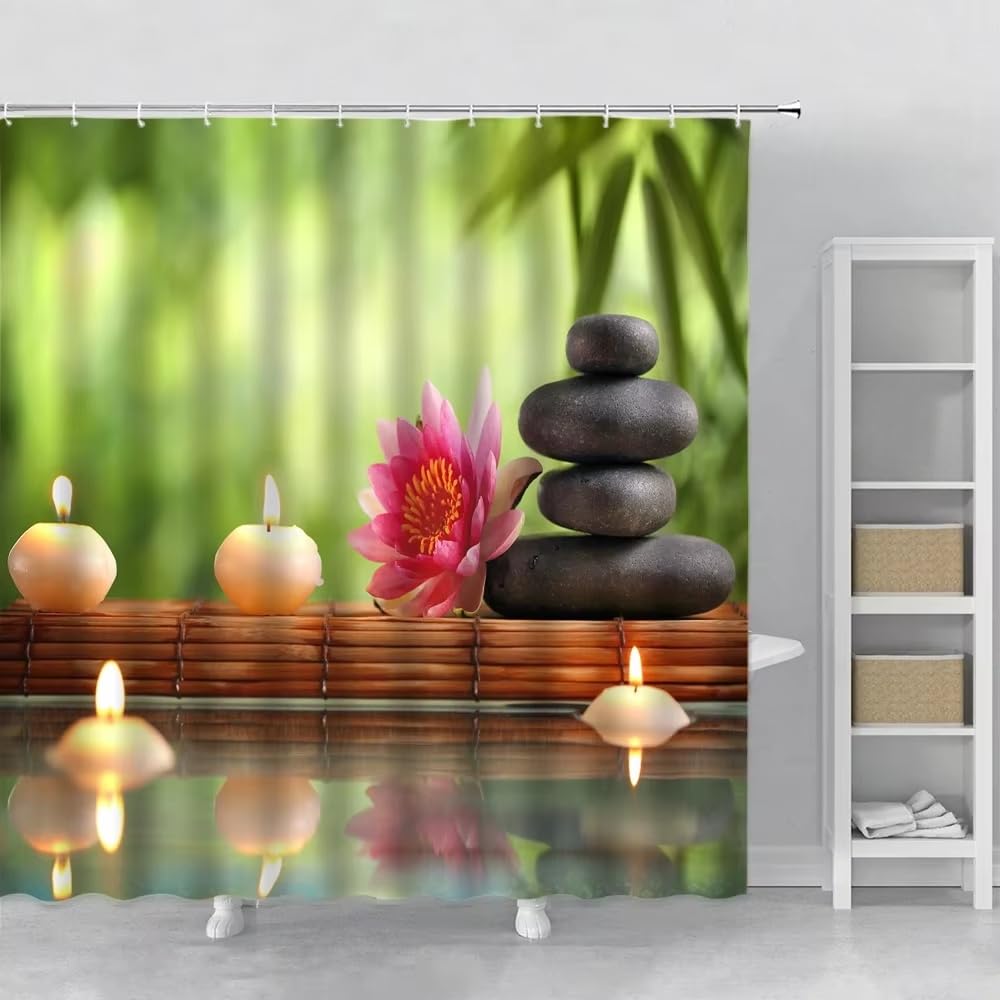 Generico Tenda Doccia con Motivo a Ciottoli e Foglie di Bambù Verdi, Stile Zen, per Bagno. Materiale In Poliestere Impermeabile, Antimuffa, Resistente Alla Muffa, con Ganci. 70,9" X 82,7"