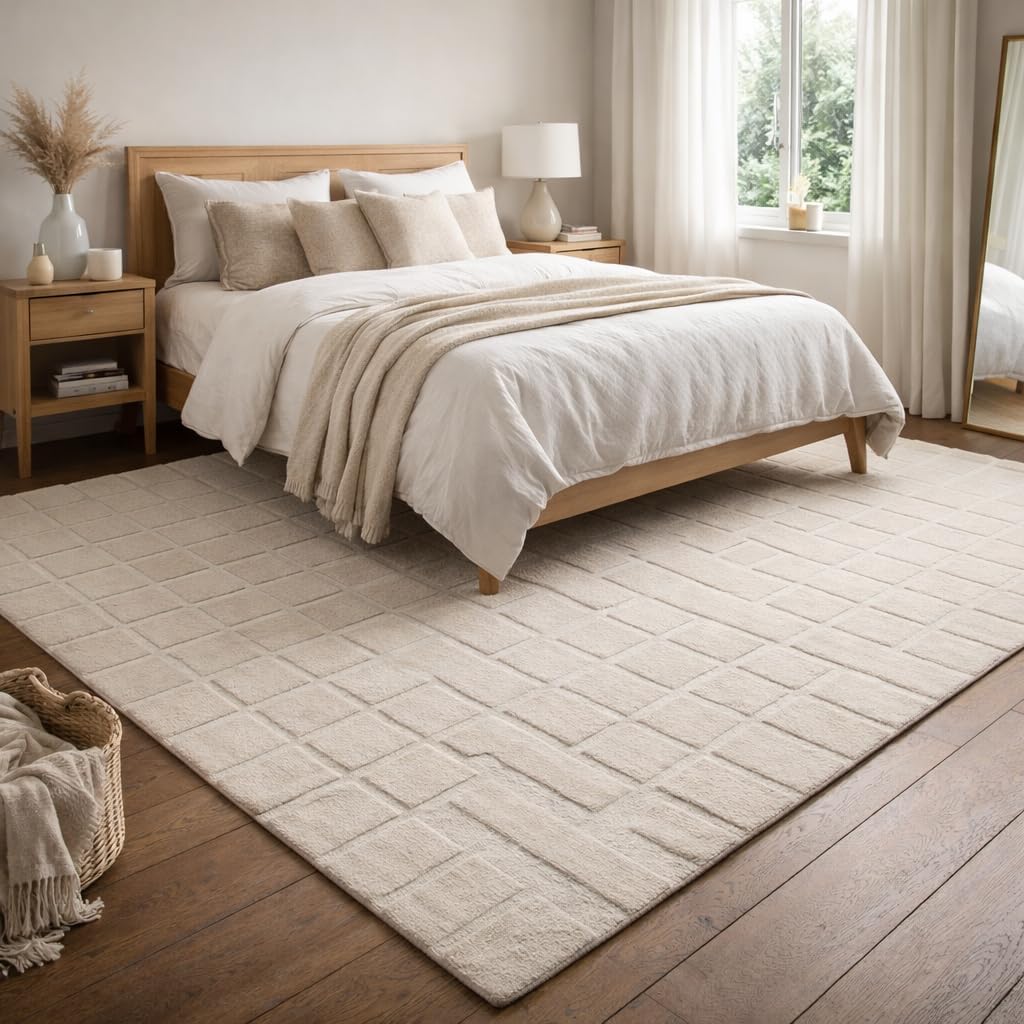 Luxury Hand-Tufted Wool Rug, Modern Beige Geometric Pattern Area Carpet for Living Room, Bedroom & Dining Multiple Popular Sizes 7x10, 6x9, 8x10, 9x12