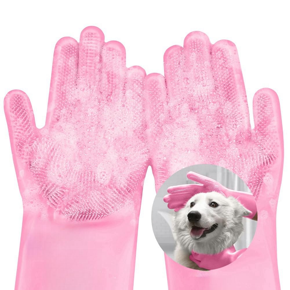 AMFUN Guanti da Toelettatura per Animali Domestici, Guanto per Gatti Cani, Guanti da Bagno in Morbido Silicone con Spazzola A Setole Morbide per Cani Gatti Coniglio
