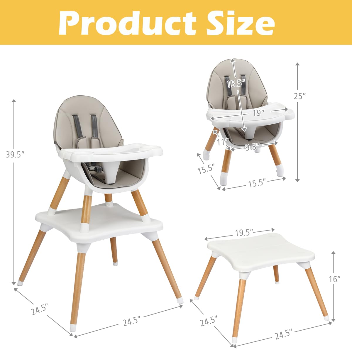 S AFSTAR 5 in 1 Baby High Chair, Convertible High Chairs for Babies and Toddlers, Toddler Chair and Table Set w/ 5-Point Safety Belt, Double Food Trays, PU Cushion, Gray