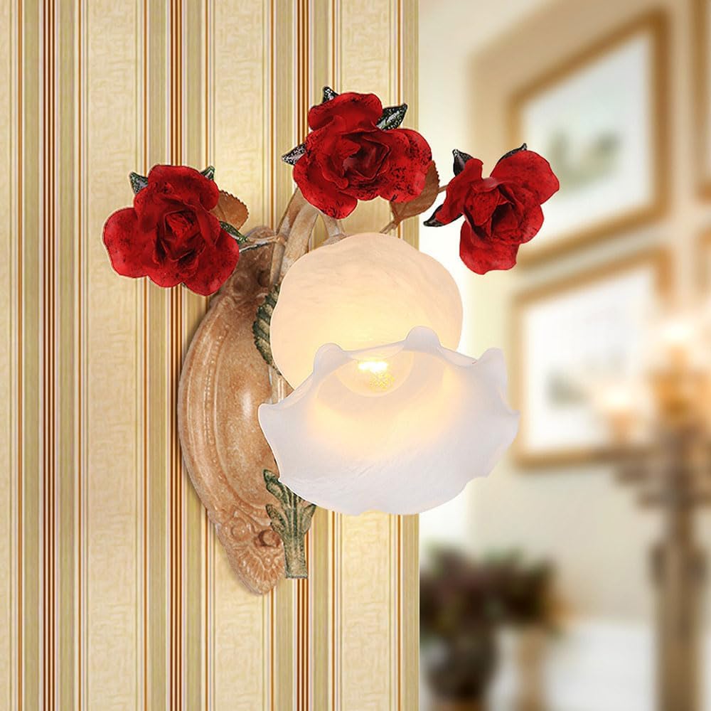 Modern Bedroom Glass Wall Light Retro Rose Flower Shape Wall Sconce Vintage Farmhouse White Wall Sconces Light Fixture for Corridors Balconies Restaurants Bars Cafes Living Rooms Decor