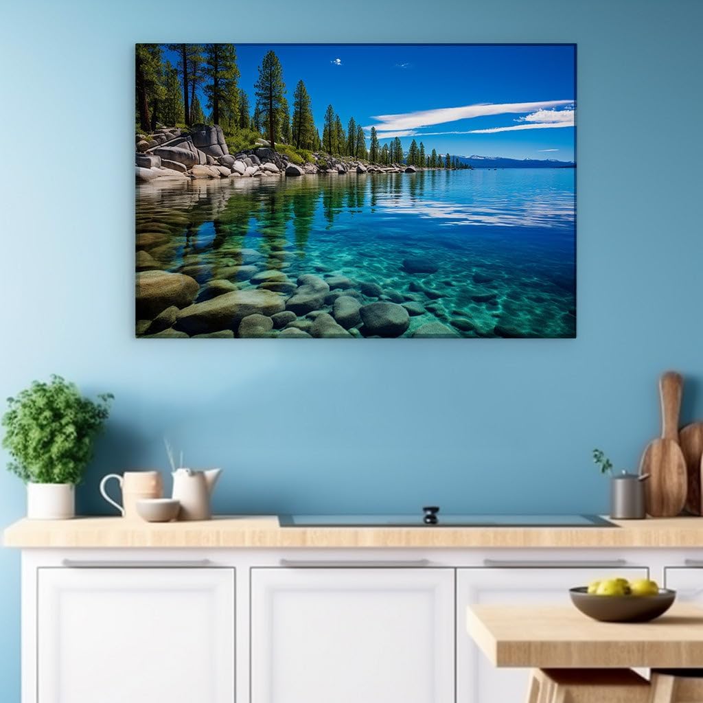 Canvas for Living room. Embracing the Serene Splendor of Lake Tahoe's Crystal Waters and Verdant Shores, 27 x 18 inch Canvas Wall Art - Contemporary Masterpieces - Modern Home Decor