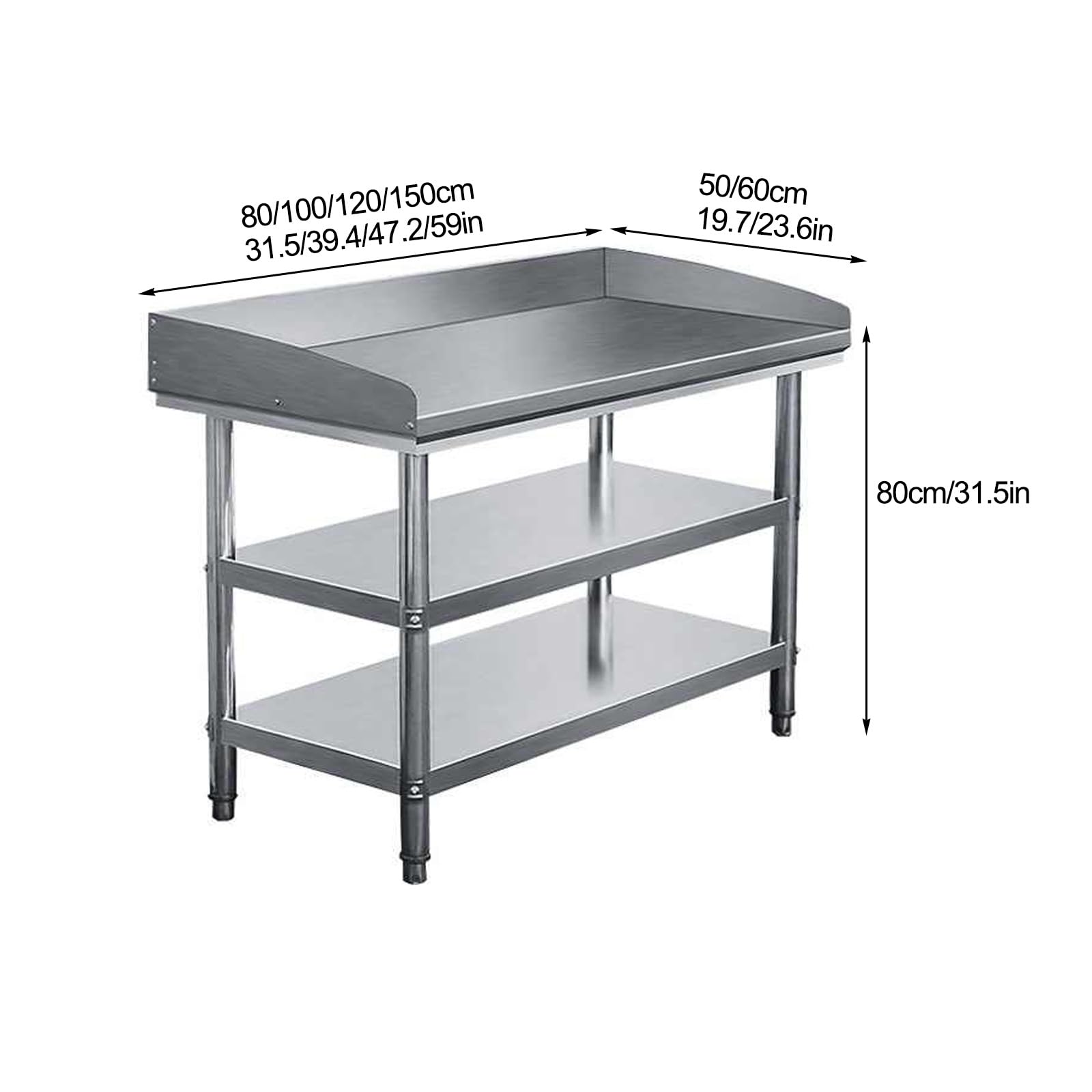 Edelstahl-Arbeitstisch, 3-stöckig, Küche, Metall, Vorbereitungstisch für Zuhause, Küche, Restaurant, Garage, Outdoor, Hotel