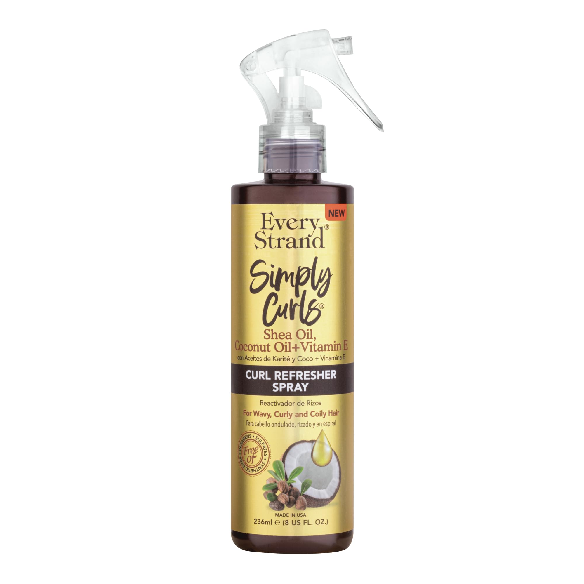 Every Strand Simply Curls Curl Refresher Spray 8 oz, Second Day Curl Reviving Spray with Coconut Oil, Shea Butter, and Vitamin E for Wavy and Curly Hair