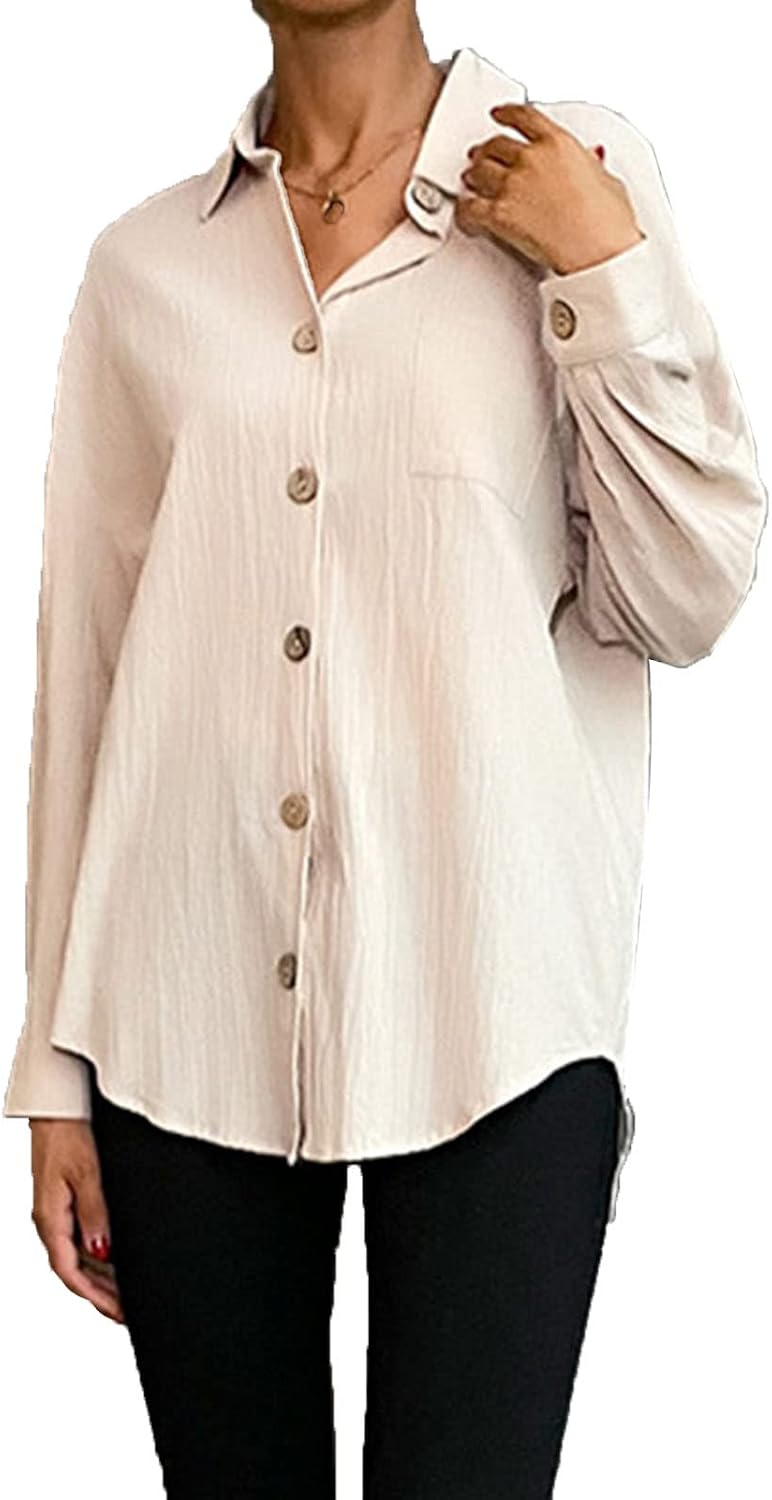 Ladies Lapel Casual Cotton Linen Shirt Classic Work Loose Button Down Shirts Business Blouse Tops Shirt with Pocket