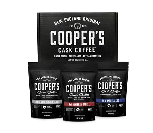 Set de regalo de café Cooper's Cask Coffee, 3 bolsas con café Sumatra Whiskey, Ethiopian Rye, Rwanda Rum y Whole Coffee Beans, añejados en barril