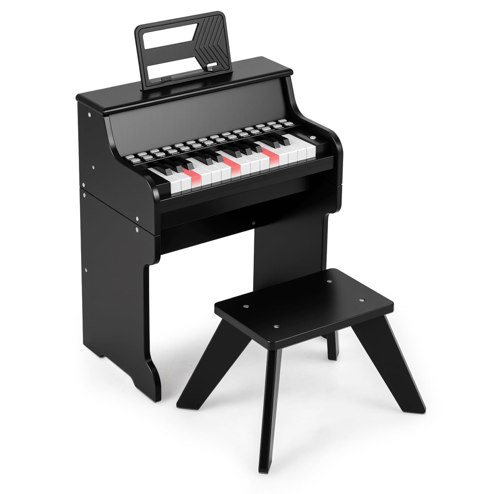 COSTWAY Wooden Kids Piano, 25 Key Toddler Digital Keyboard with Stool, Adjustable Speed & Volume, Removable Music Stand, Educational Music Instrument for Boys Girls (Black)
