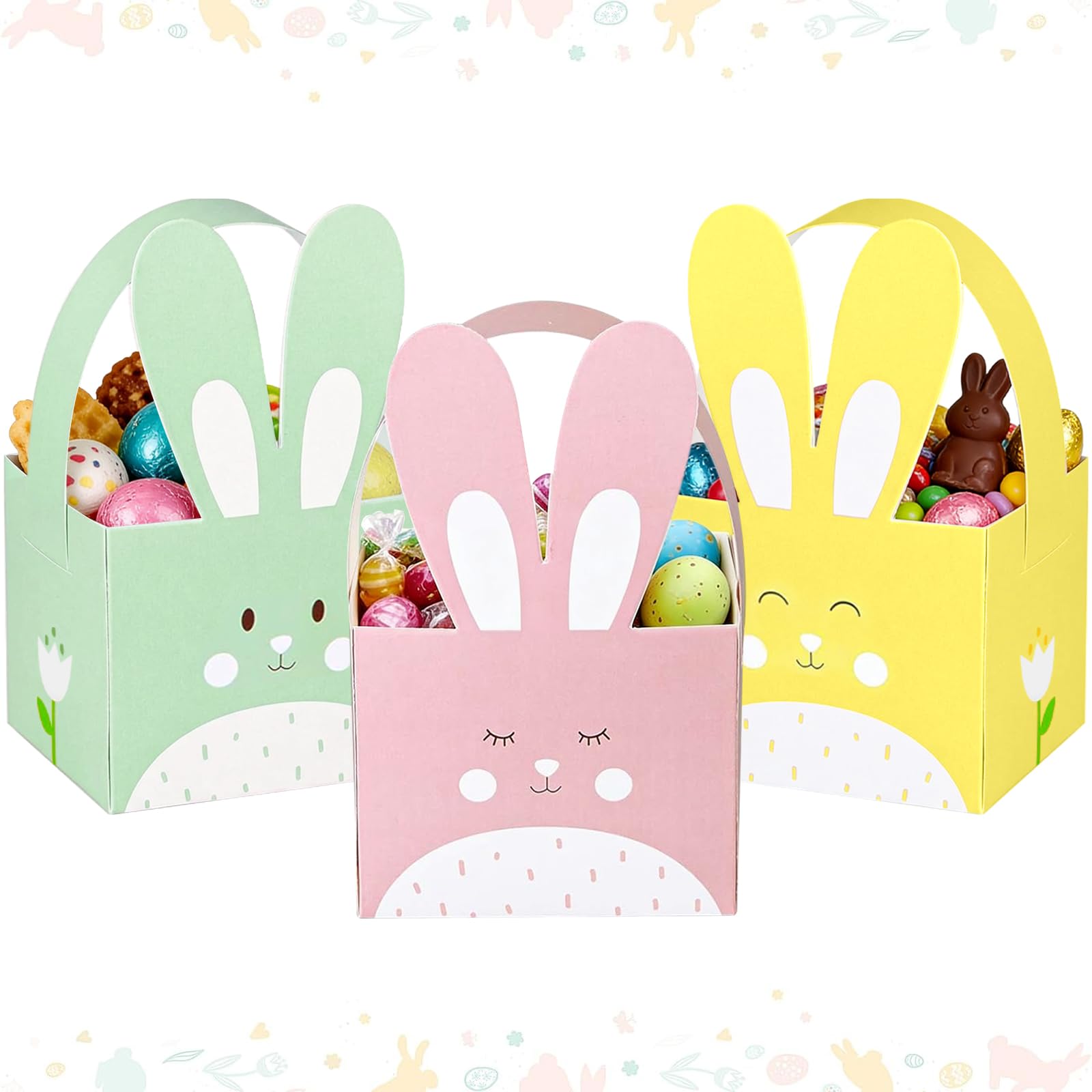Whaline 24 Pcs Easter Treat Boxes Happy Easter Paper Gift Box with Handle Cute Bunny Basket Containers Rabbit Shape Candy Goody Cookie Box Holder for
