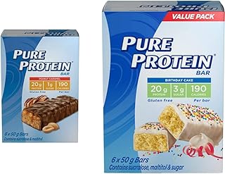 Pure Protein Bars, Gluten Free, Snack Bars, Peanut Caramel, 50 gram, 6 Count, Brown & Bars, Gluten Free, Snack Bar, Birthday Cake, 50g/1.8oz., 6ct