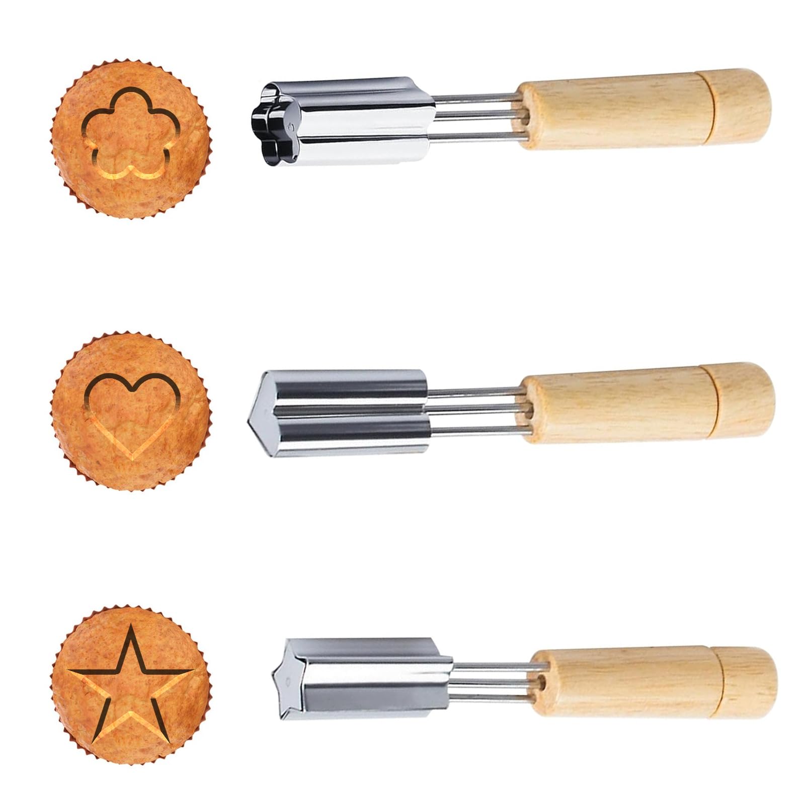 Cupcake Corer,3Pcs Stainless Steel Flower, Star, Heart Shapes cupcake hole cutter for filling,Reusable Filling,Decorating Tool for Baking Cupcakes and Cookies