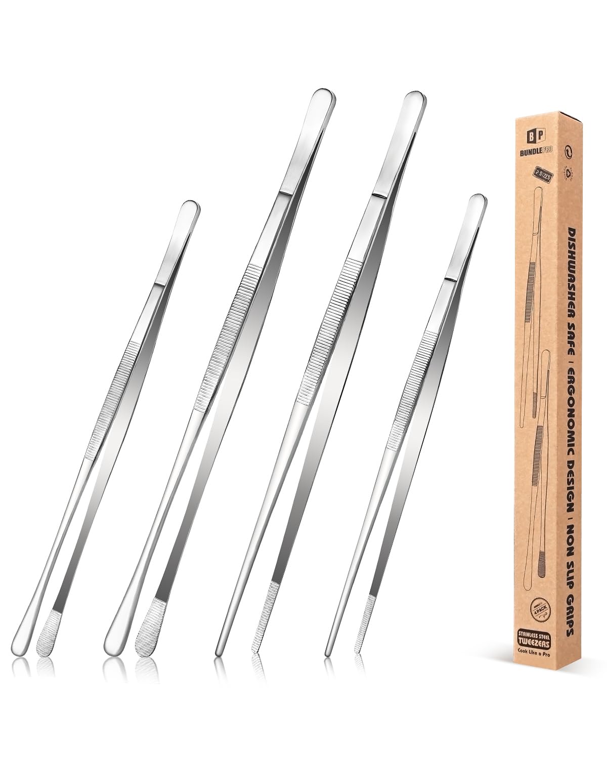 4 Pcs Kitchen Fine Tweezer Tongs, 12'' and 10'' Stainless Steel Food Tweezers Set, Professional Kitchen Long Tweezer for Cooking, Repairing, Sea Food and BBQ