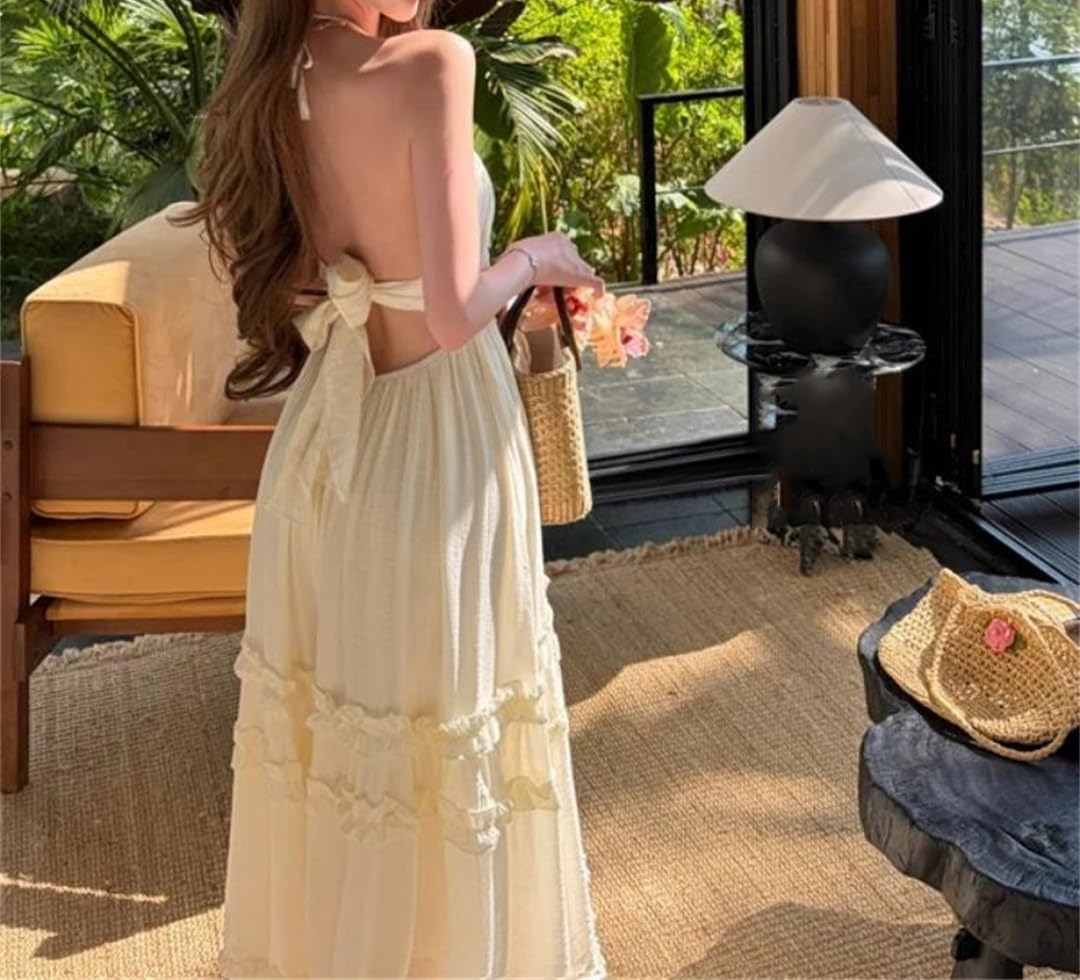 Vestido largo sin mangas para mujer, con volantes, espalda descubierta, escalonado, vestido de playa de verano
