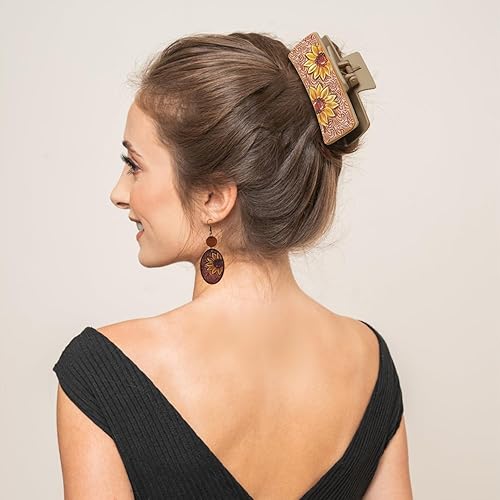 Miniatura 6 de 4 pinzas para el cabello de cuero occidental para mujer, girasoles, sol, horquillas cuadradas y aretes a juego, pinzas grandes para el cabello