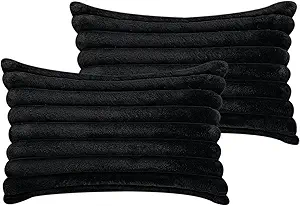 20" x 12" Black Throw Pillow Covers Pack of 2, Soft Fluffy Faux Fur Decorative Pillows for Couch, Bed Cover with Velvet Back for Living Room, Home Décor for Sofa (50cm x 30cm, No Inserts Included)
